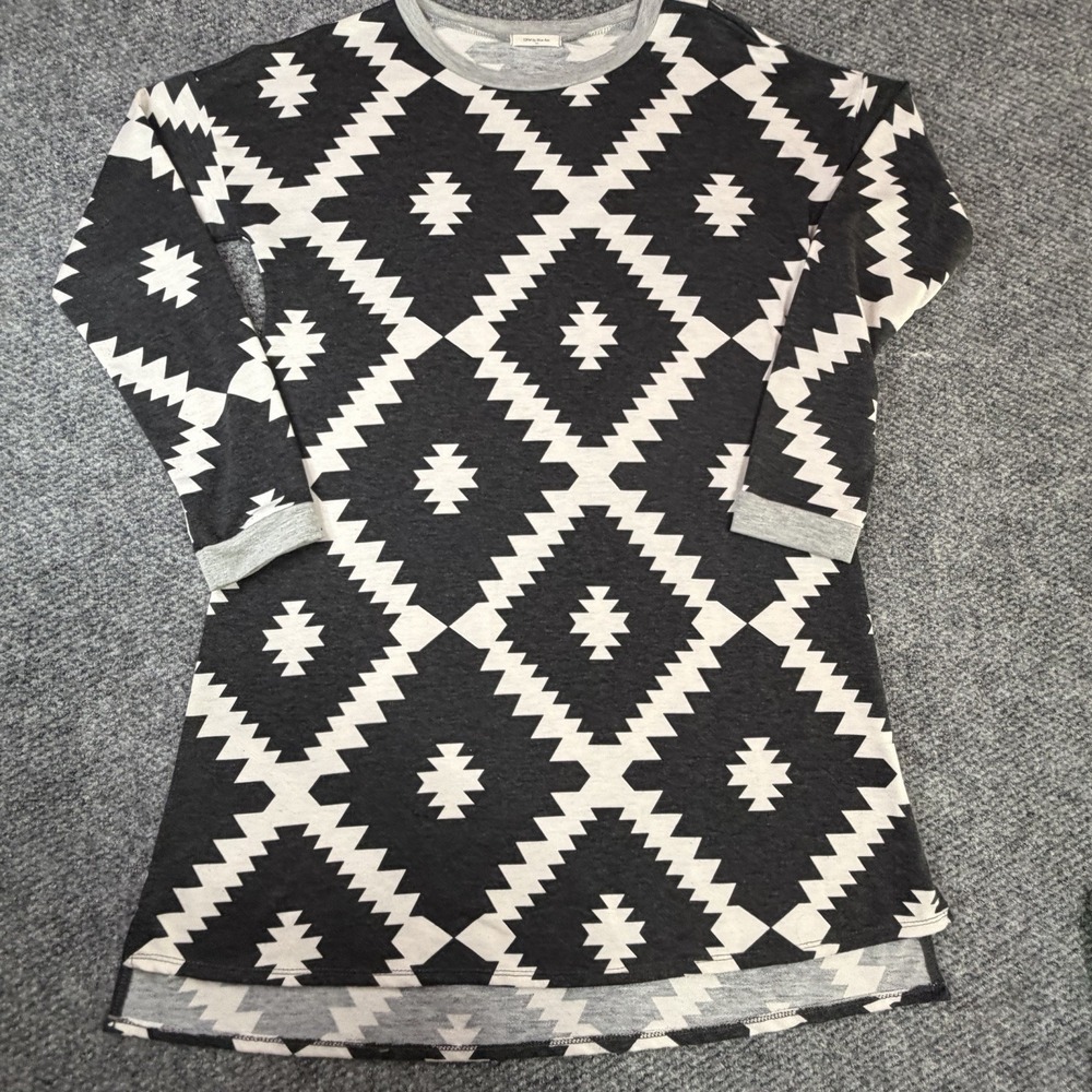 12PM by Mon Ami Y2K Mini Dress Womens M Black & Cream Aztec Long Sleeve Casual